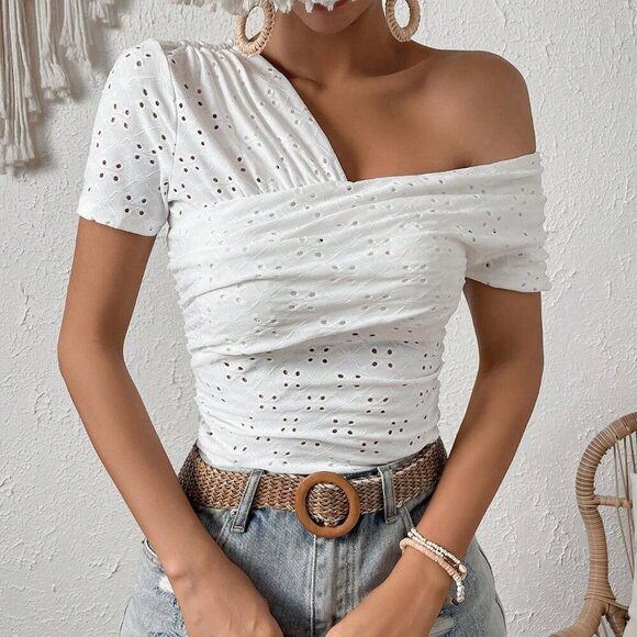White Casual Women's Asymmetrical Neck Eyelet Embroidery Tee - Picture 1 of 6